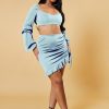 Clothing Rebellious Fashion | Light Blue Milkmaid Cropped Top & Ruched Mini Skirt Co-Ord Set - Diana