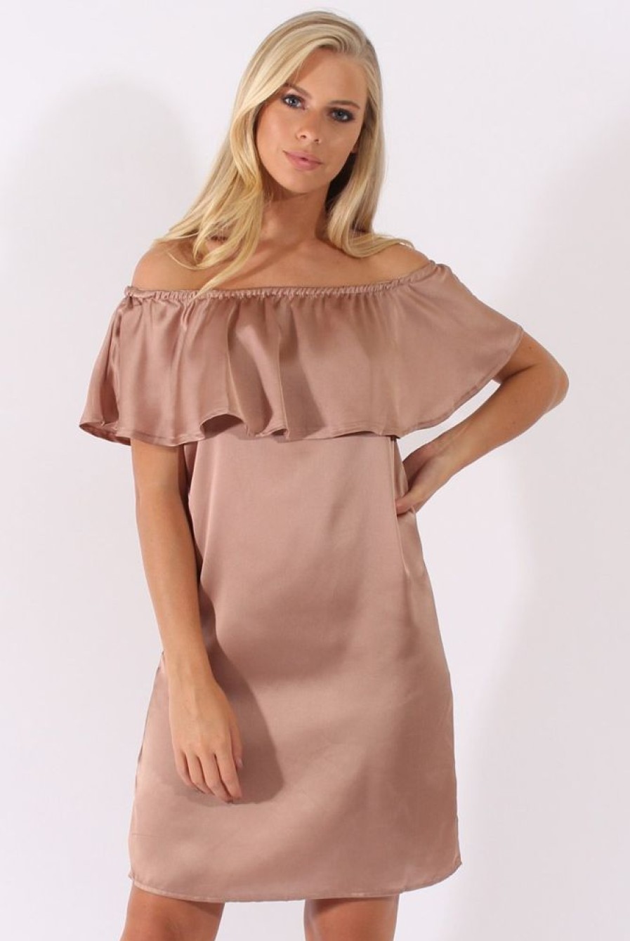 Clothing Rebellious Fashion | Blush Satin Bardot Frill Dress - Alura