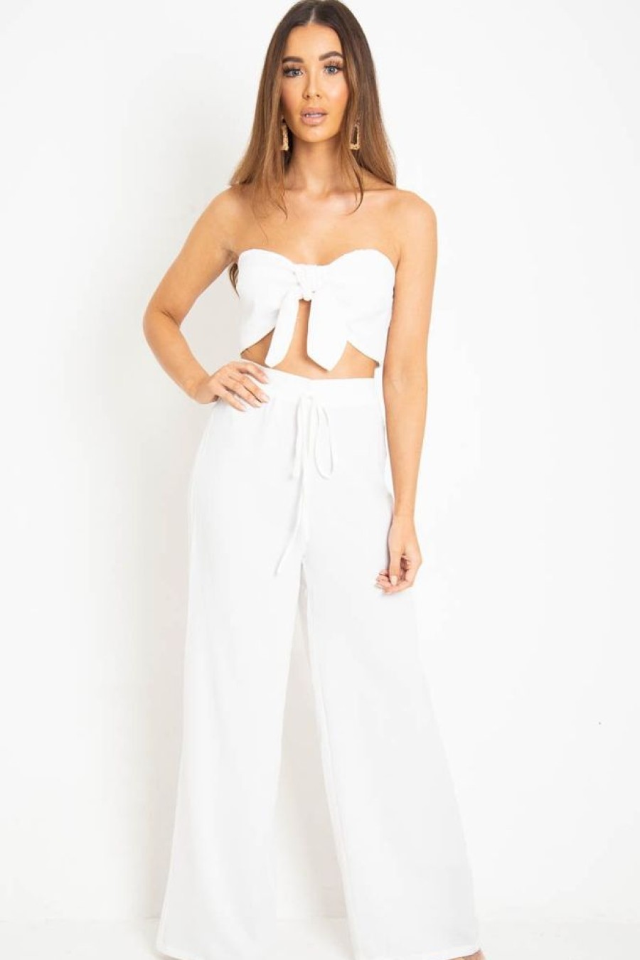 Clothing Rebellious Fashion | White Tie Front Bandeau Wide Leg Trouser Co-Ord - Roselia