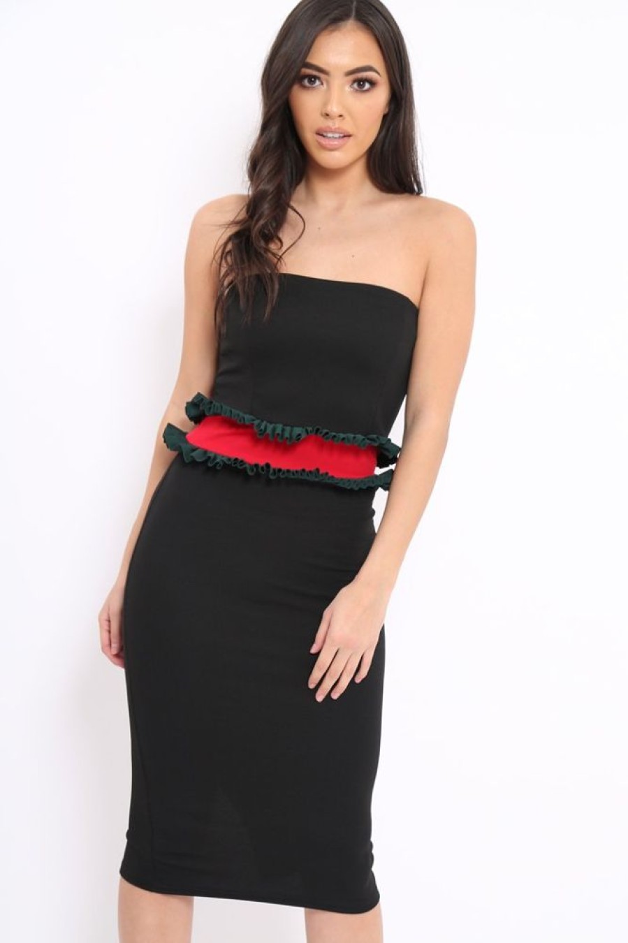 Clothing Rebellious Fashion | Black Bandeau Ruffle Midi Dress - Leigh