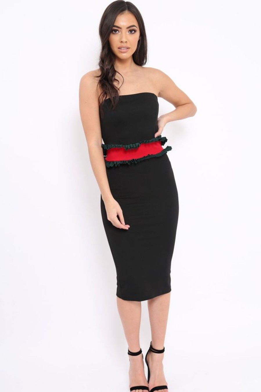 Clothing Rebellious Fashion | Black Bandeau Ruffle Midi Dress - Leigh