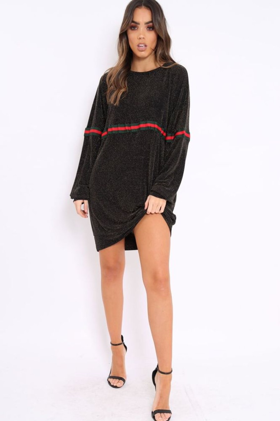 Clothing Rebellious Fashion | Gold Glitter Stripe Jumper Dress - Finley