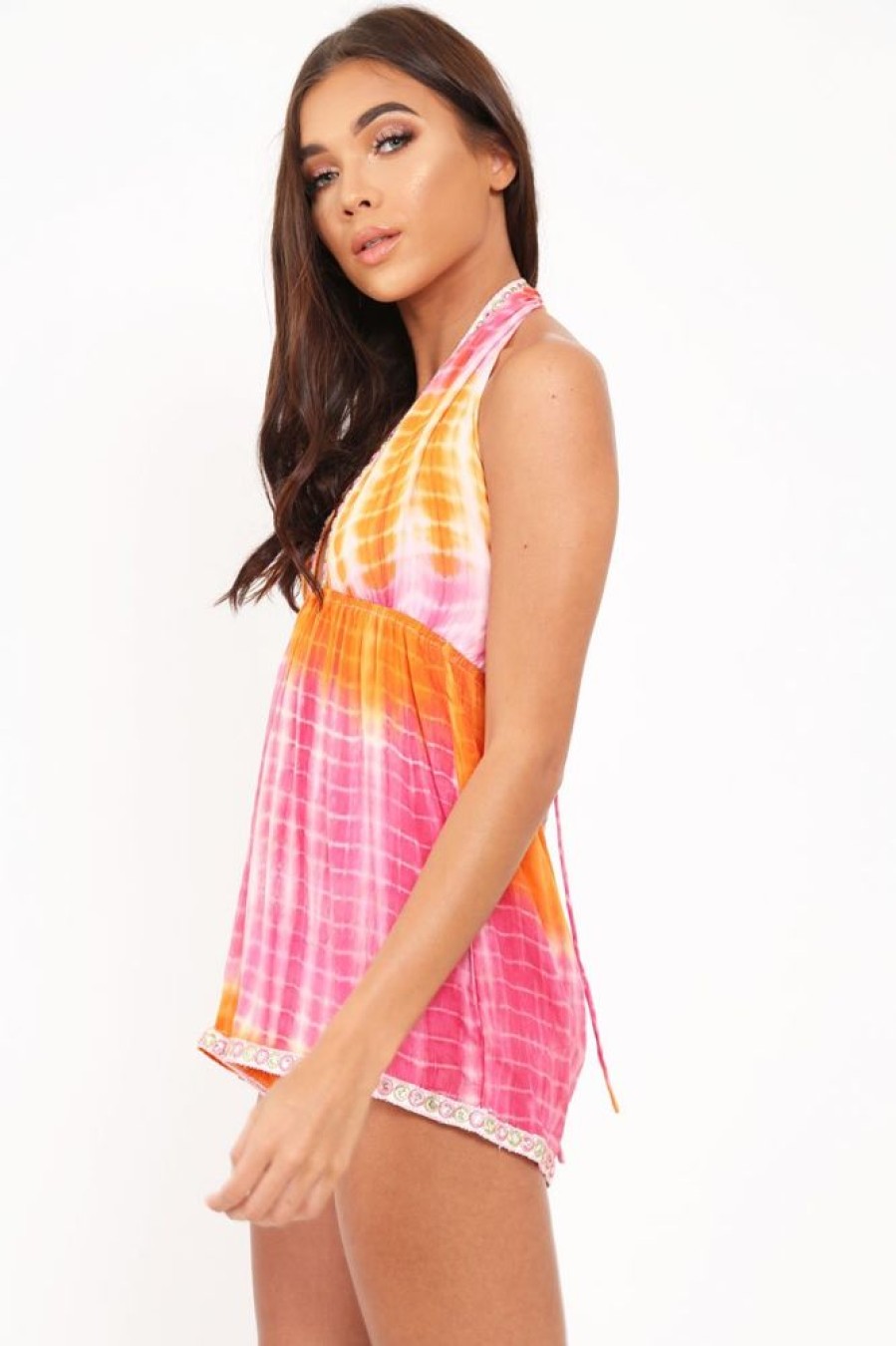 Clothing Rebellious Fashion | Pink And Orange Mirrored Plunge Halterneck Playsuit - Posy