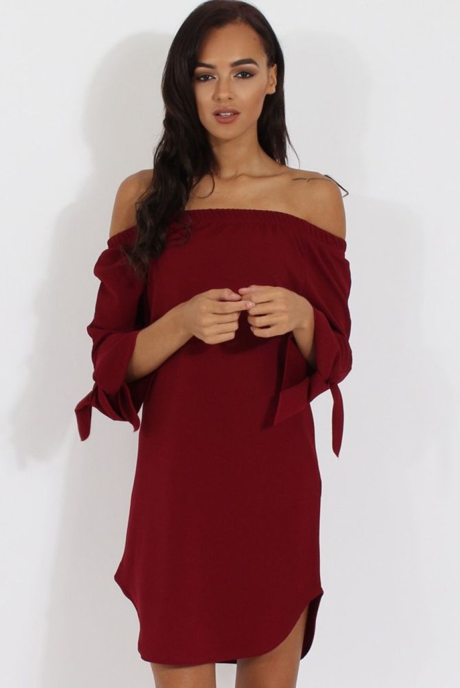 Clothing Rebellious Fashion | Wine Bardot Tie Cuffs Dress - Whitney