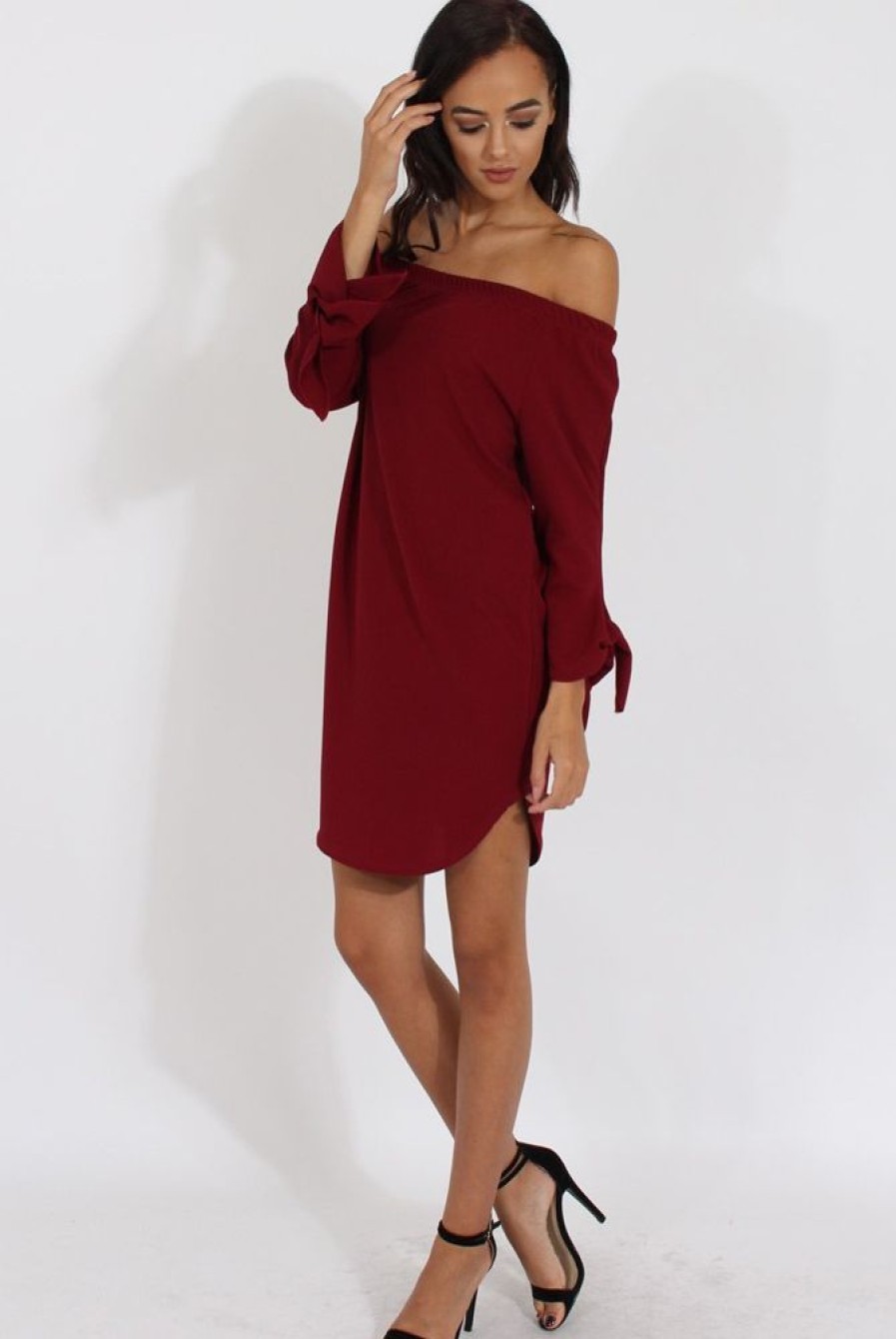 Clothing Rebellious Fashion | Wine Bardot Tie Cuffs Dress - Whitney