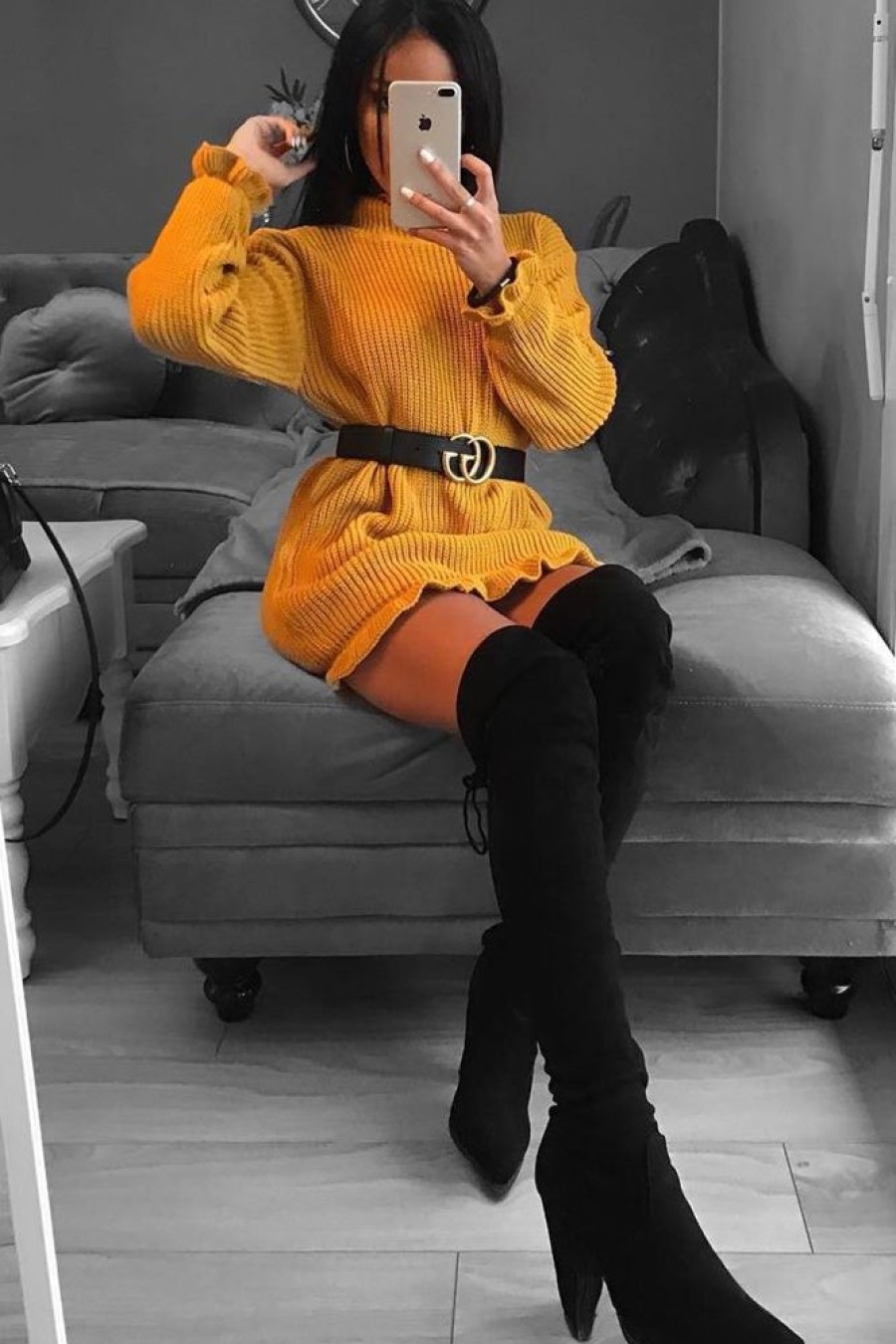 Clothing Rebellious Fashion | Mustard Knitted Ruffle Jumper Dress With Elasticated Hems - Velma