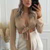 Clothing Rebellious Fashion | Beige Shoulder Pad Wrap Around Crop Top - Jadora