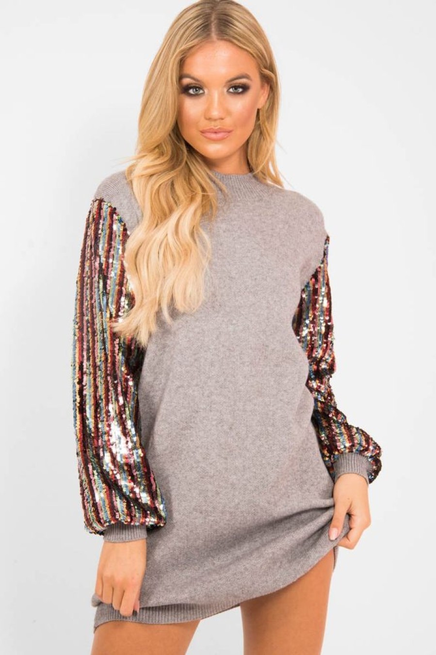 Clothing Rebellious Fashion | Grey Sequin Sleeve Jumper Dress - Moniece